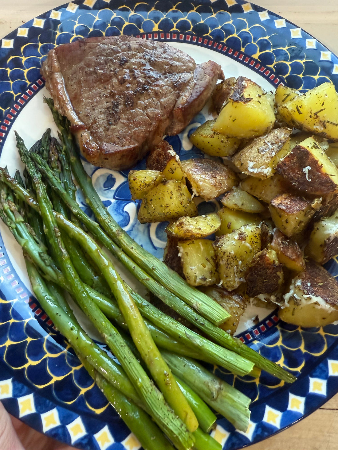 Steak Dinner: Filet Mignon, Crispy Potatoes, and Roasted Asparagus