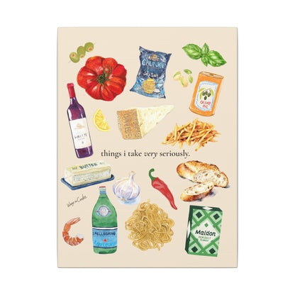 Kitchen Food Illustration Canvas — “things i take very seriously.” Stretched Matte Wall Art