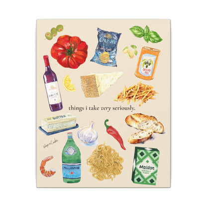 Kitchen Food Illustration Canvas — “things i take very seriously.” Stretched Matte Wall Art