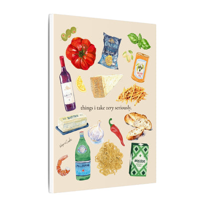 Kitchen Food Illustration Canvas — “things i take very seriously.” Stretched Matte Wall Art
