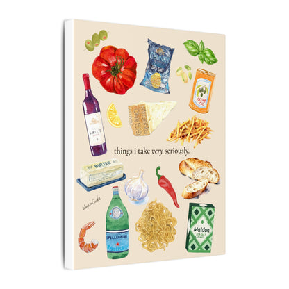 Kitchen Food Illustration Canvas — “things i take very seriously.” Stretched Matte Wall Art