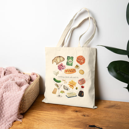 Gourmet Snacks Canvas Tote Bag — Illustrated Food Market Grocery Shopper