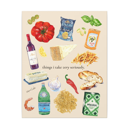 Kitchen Food Illustration Canvas — “things i take very seriously.” Stretched Matte Wall Art