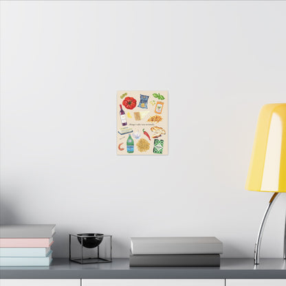 Kitchen Food Illustration Canvas — “things i take very seriously.” Stretched Matte Wall Art